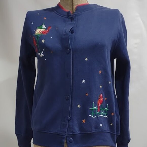 SHENANIGANS VINTAGE BLUE BUTTONED SWEATSHIRT CARDIGAN EMBROIDERY CARDINALS SMALL - Picture 1 of 11